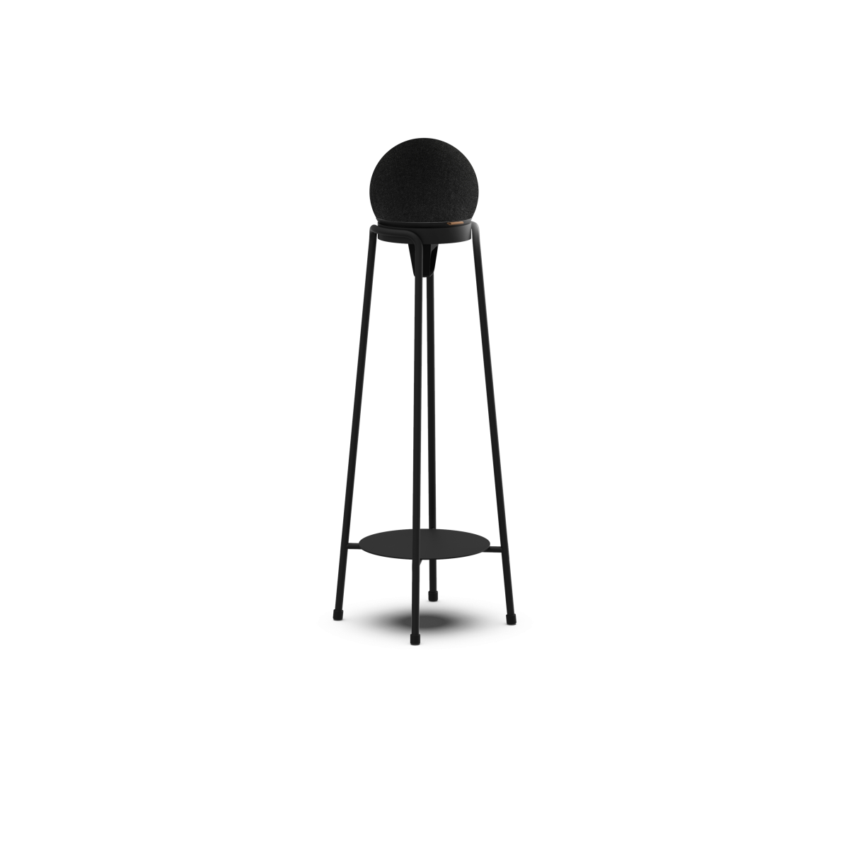 Black powder-coated stainless steel Patio Accessory Stand with compact Play speaker on top against white background