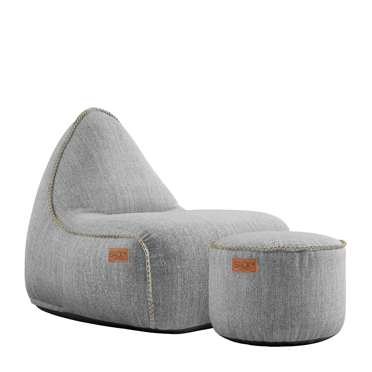 Cobana Lounge Chair and Pouf in Cobana Sand Melange with soft fabric texture and rounded shapes.