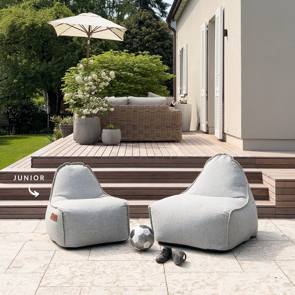 Cobana Junior Lounge Chair and pouf in sand melange color with soft fabric and rounded shape