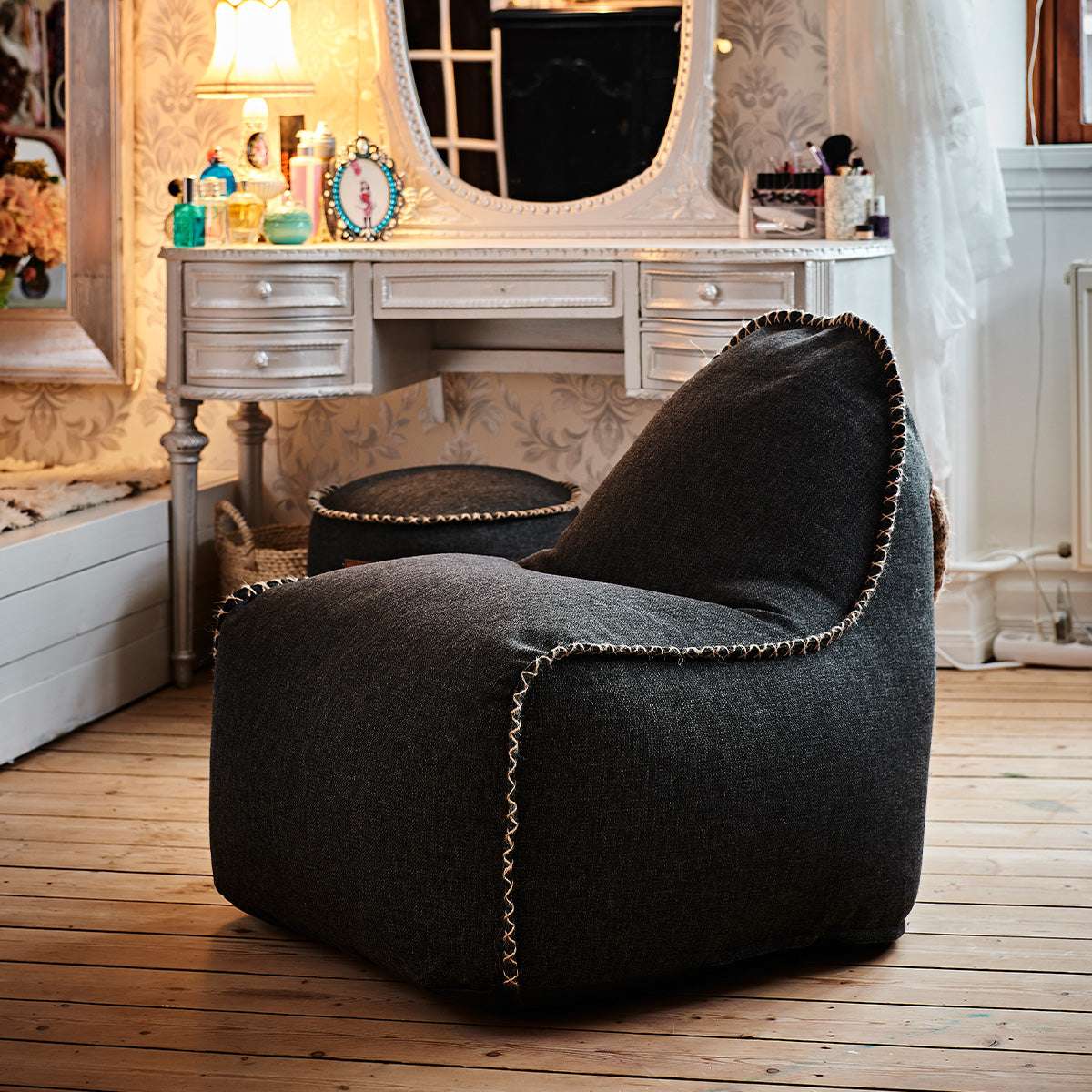 Cobana Junior Lounge Chair and pouf in Cobana Sand Melange fabric, indoor and outdoor bean bag set for kids