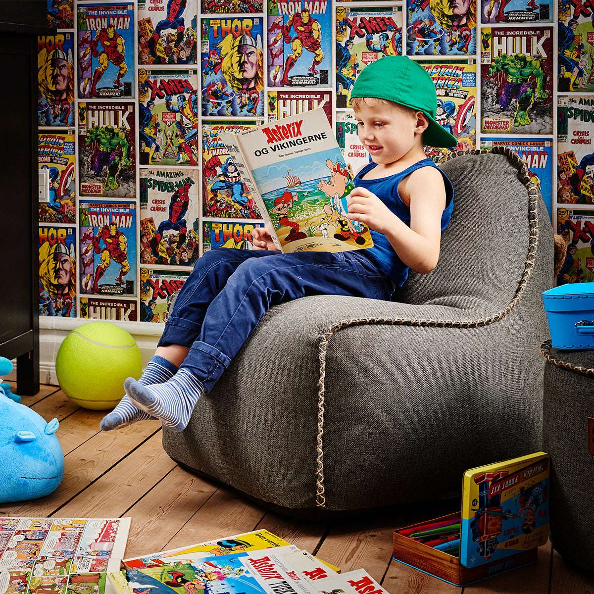 Cobana Junior Lounge Chair and pouf in grey with soft, rounded shapes for indoor and outdoor use.