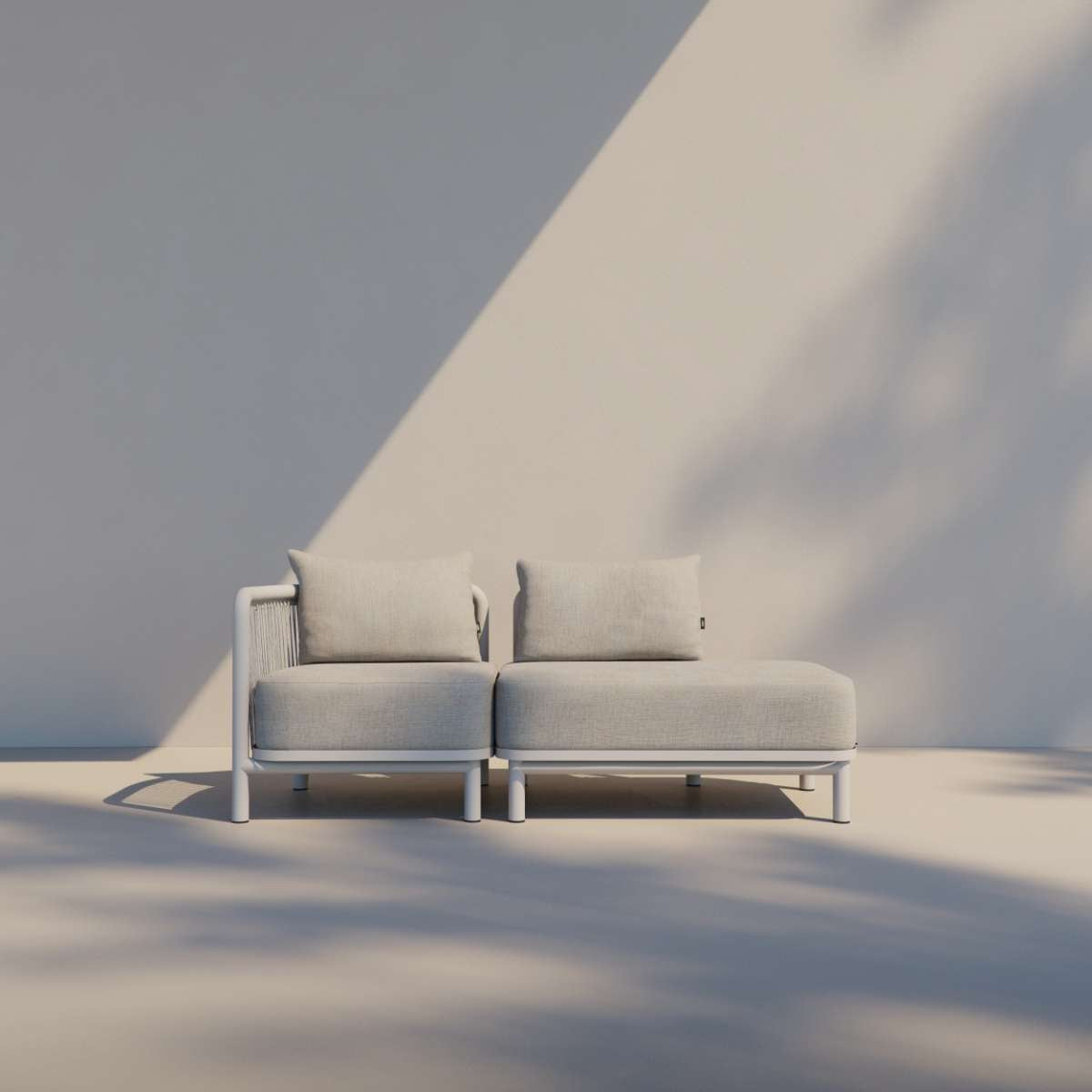 Kirra Lounge Sofa with open left end in sand color, outdoor setting with powder-coated aluminum frame and olefin fabric cushions.