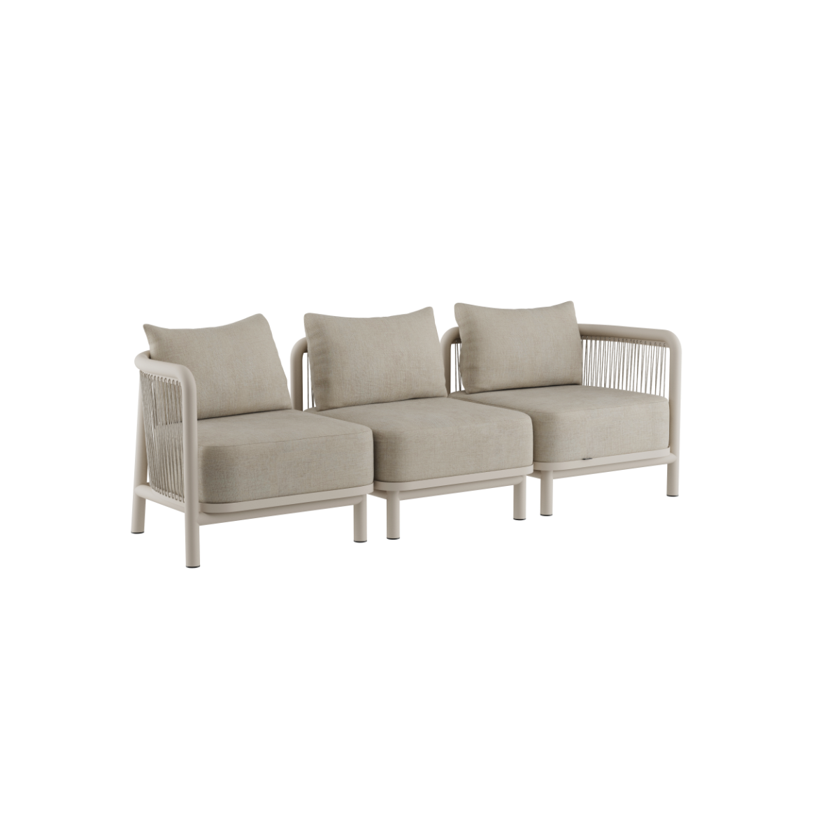 Beige three module Kirra outdoor lounge sofa with three seat cushions and woven side panels from sackit for Nordic outdoor living