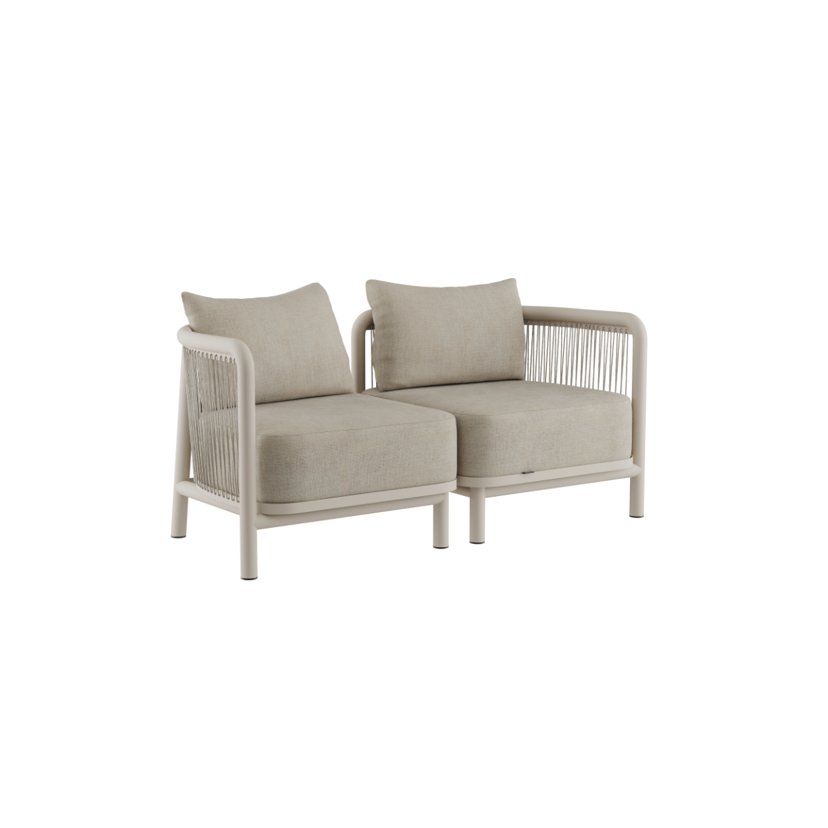 sackit two seat outdoor lounge sofa with cream cushions and light woven sides