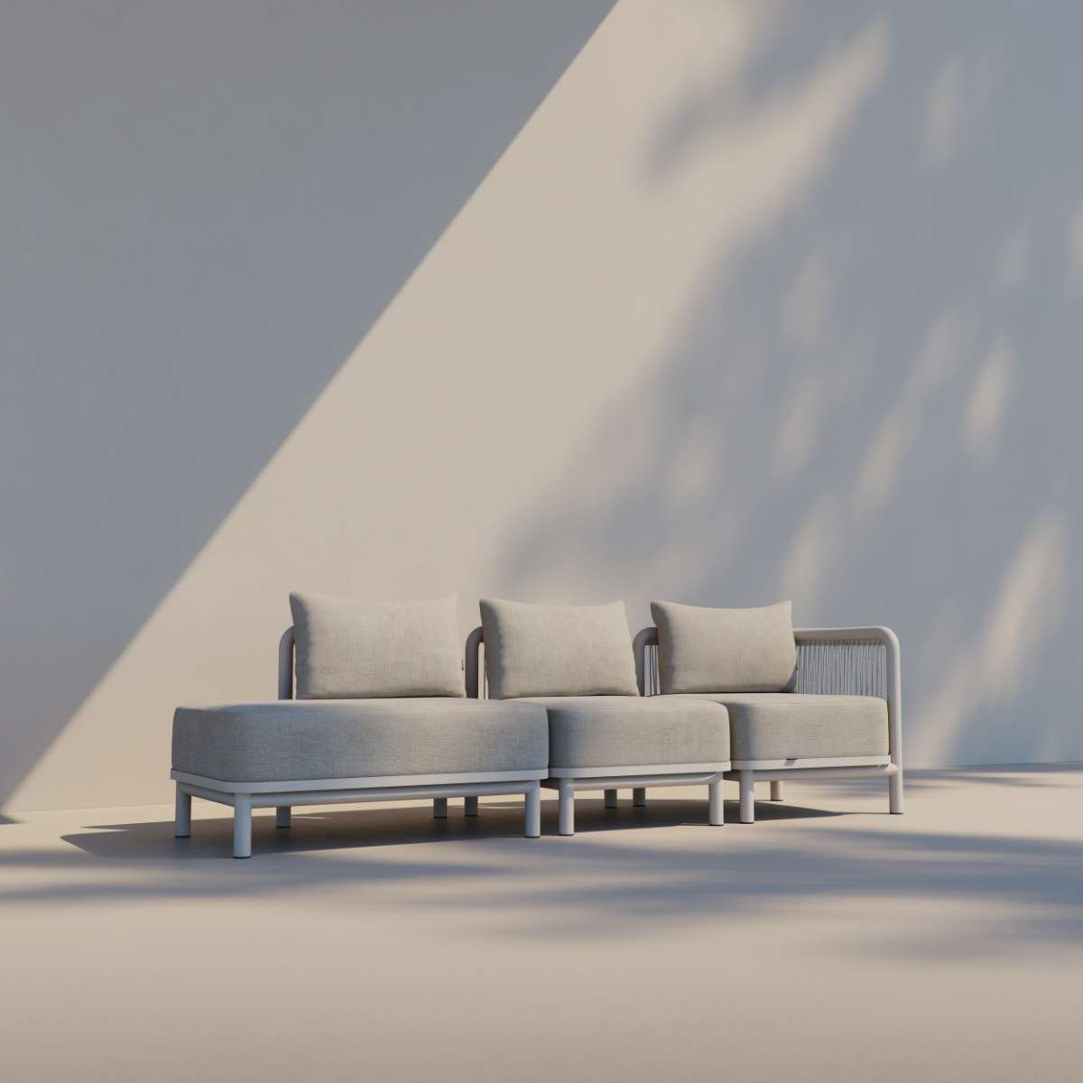 Kirra Lounge Sofa 3-seater with right open end in sand color, outdoor setting with aluminum frame and olefin fabric