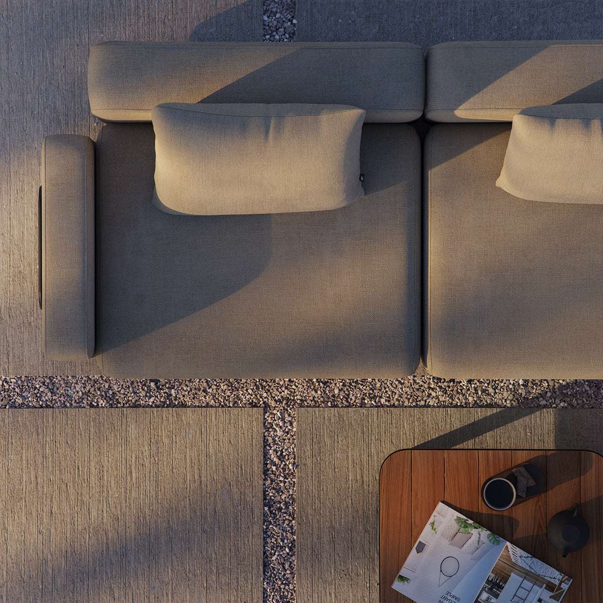 Kirra Sand Cobana Lounge Sofa 2-seater without armrest, outdoor modular design with aluminum frame and cushions