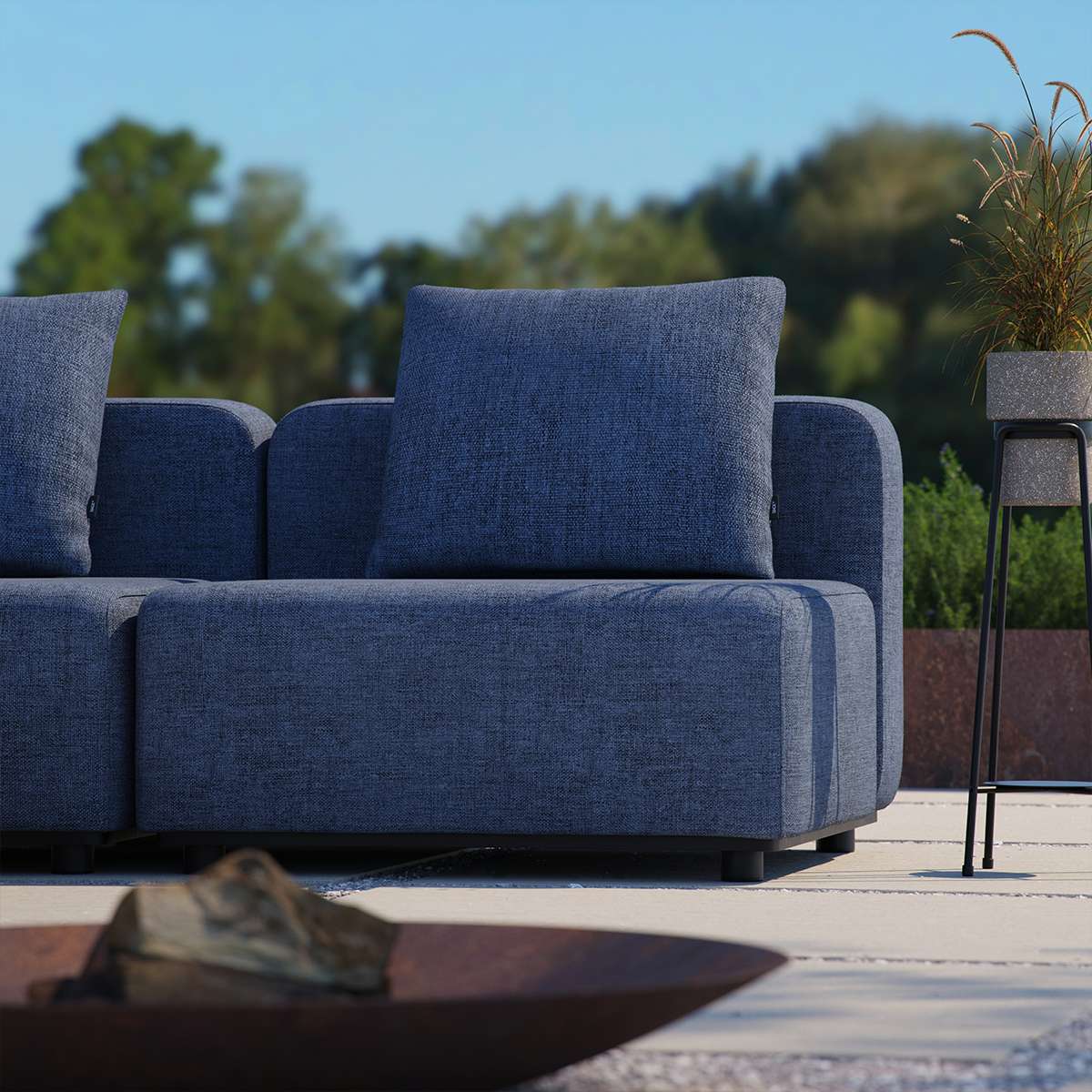 Kirra Indigo Cobana Lounge Sofa 2-seater with modular design and powder-coated aluminum frame outdoors
