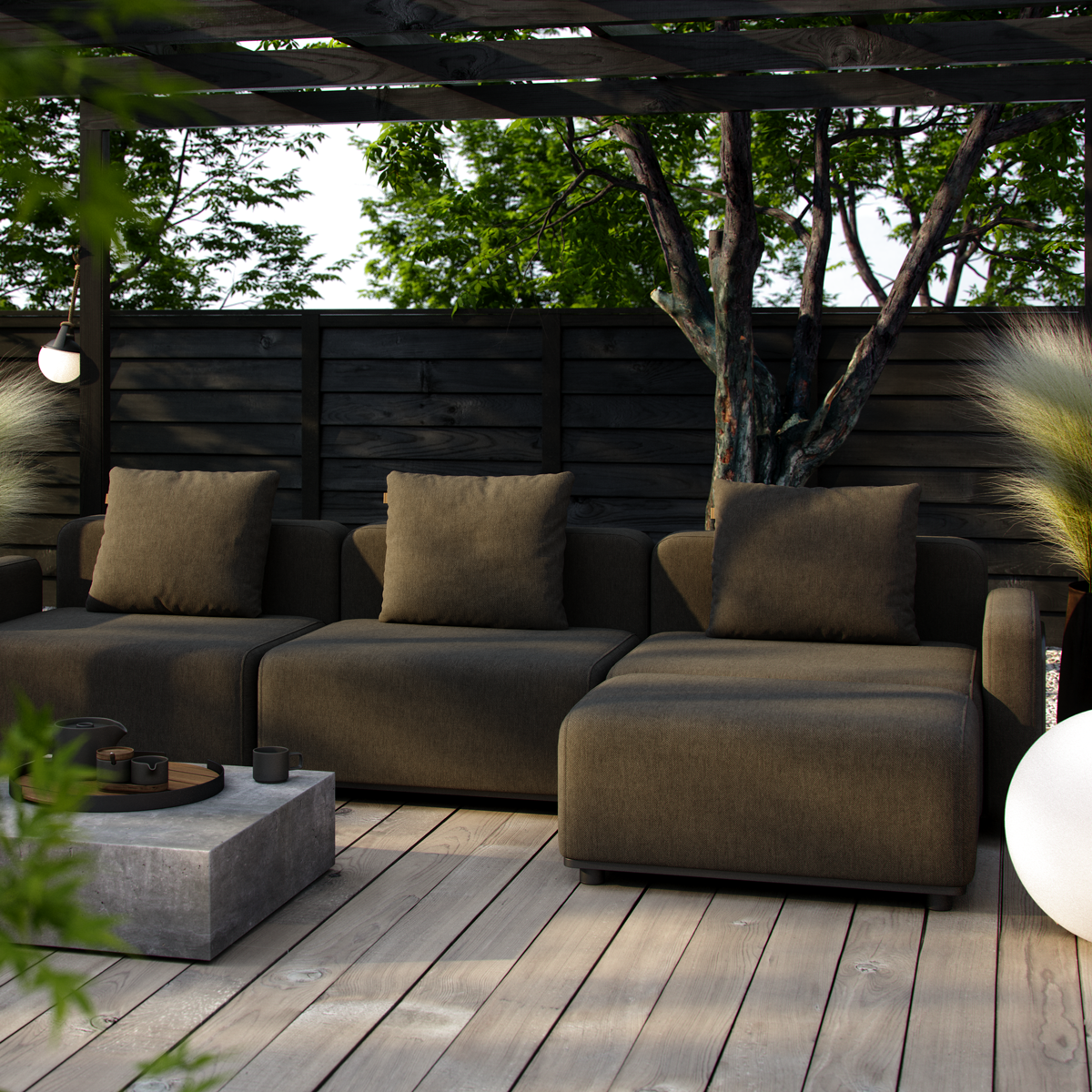 Cobana Brown 3-seater outdoor lounge sofa with armrest and patio storage table in garden setting