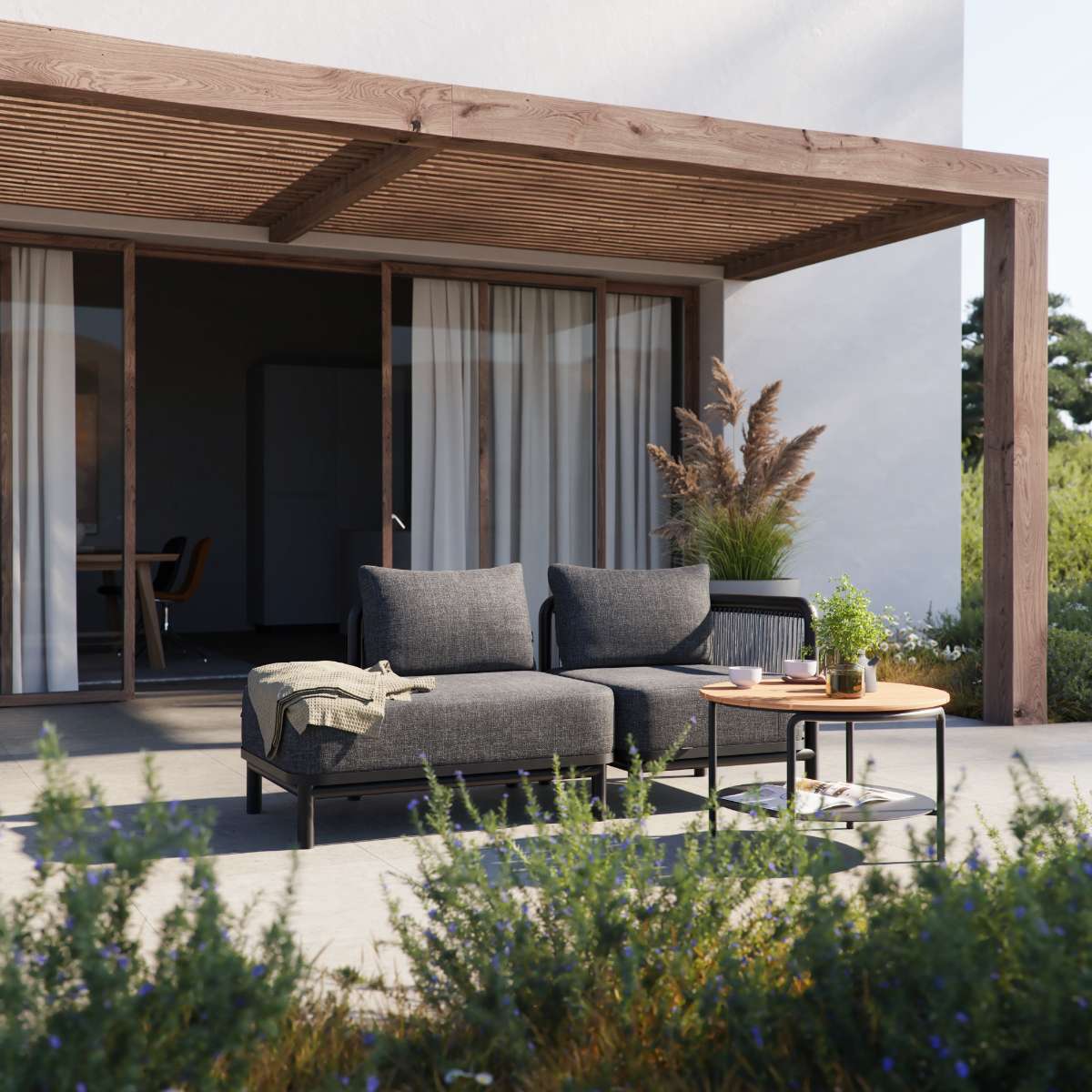 Kirra Lounge Sofa 2-seater with right open end in Kirra Sand color, outdoor setting, modern design