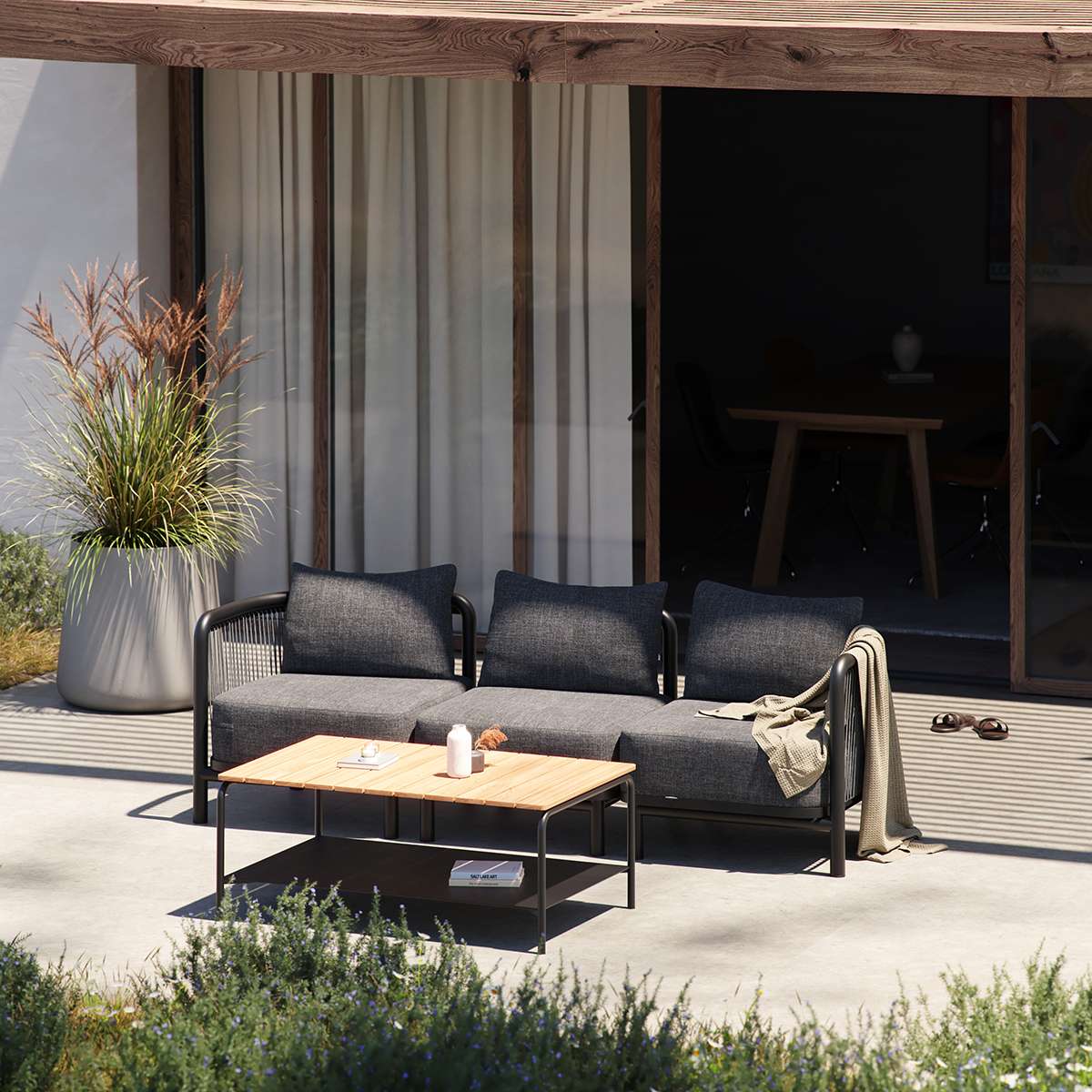 Kirra Lounge Sofa 2-seater in Kirra Sand with powder-coated aluminum frame and Olefin cushions outdoors
