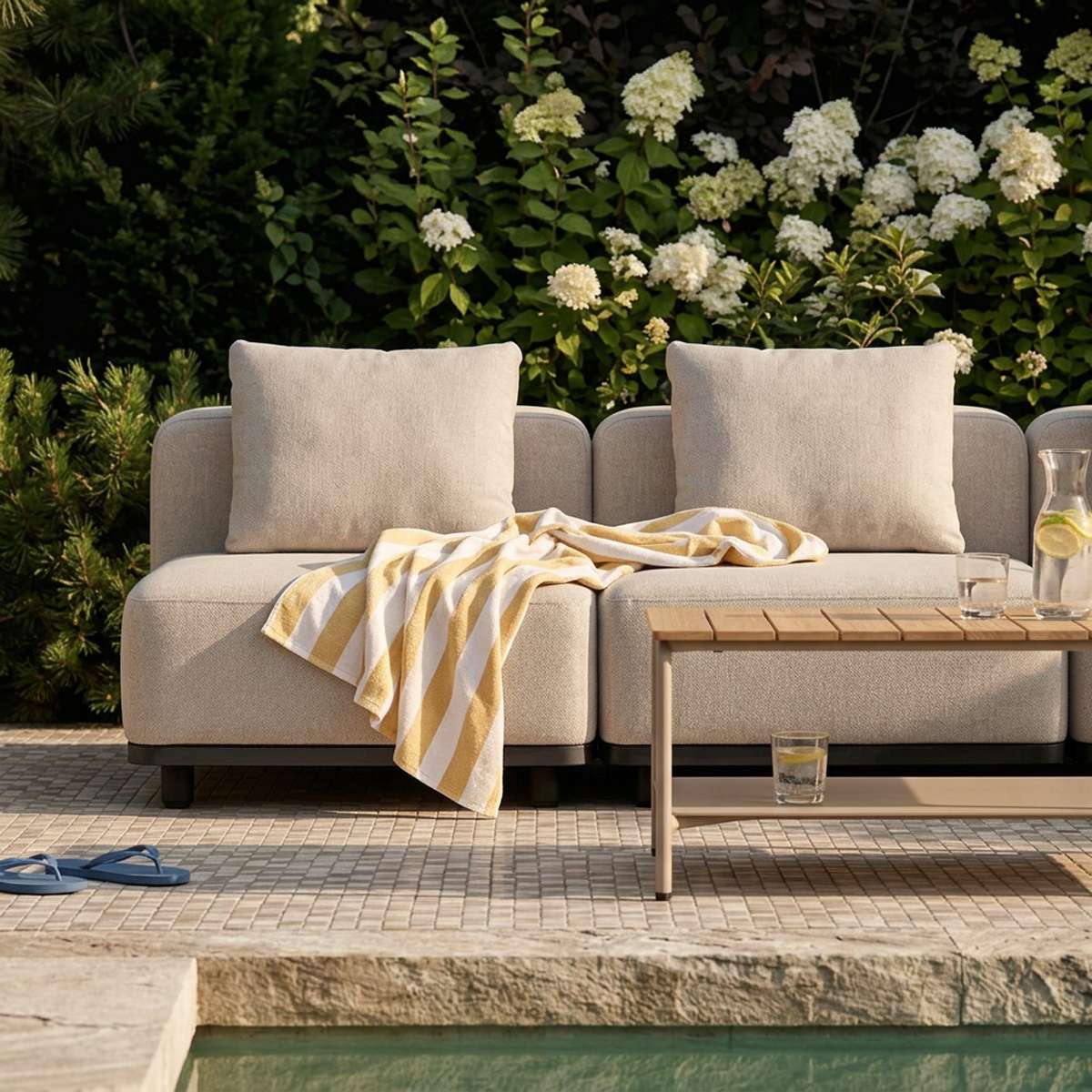 sackit outdoor two seat sofa in beige with cushions and striped throw on a sunny patio beside a pool, surrounded by lush greenery and hydrangeas