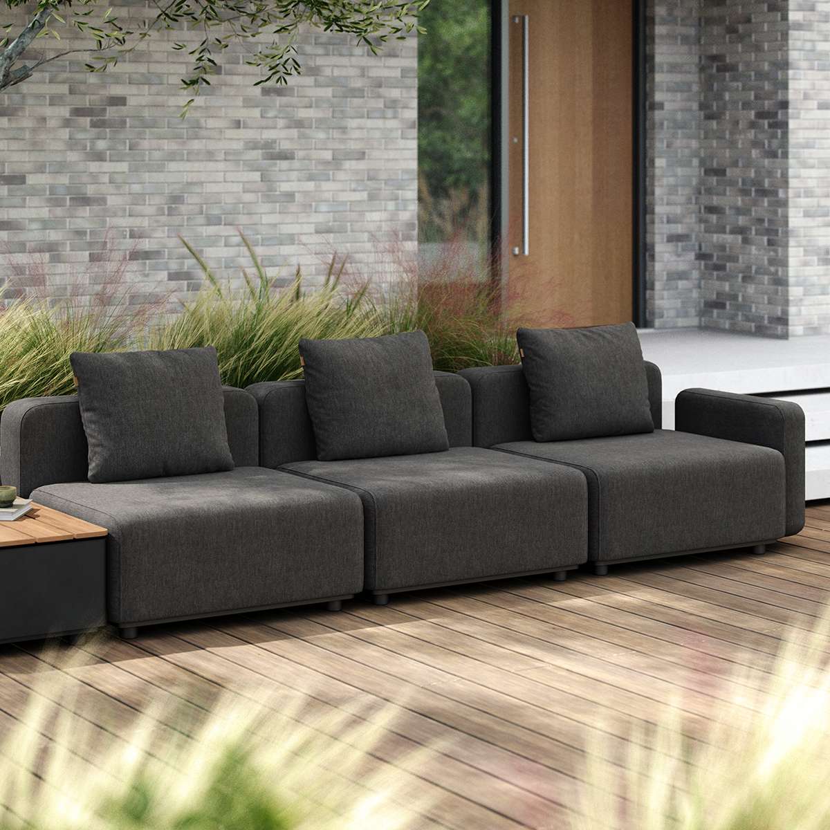 Cobana Lounge Sofa in Cobana Grey with patio storage table, modular outdoor seating with cushions
