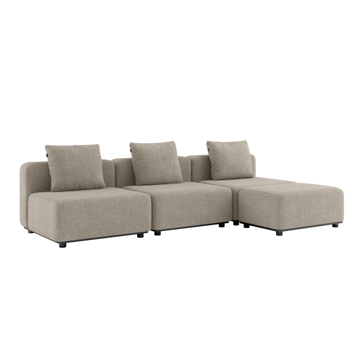 Sand modular outdoor lounge sofa with three sections and matching pouf in beige upholstery by sackit designed for Nordic weather
