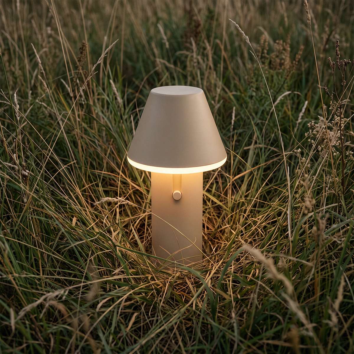 Cordless table lamp glowing among tall meadow grass at dusk with a warm light and minimalist powder coated aluminium shade from sackit