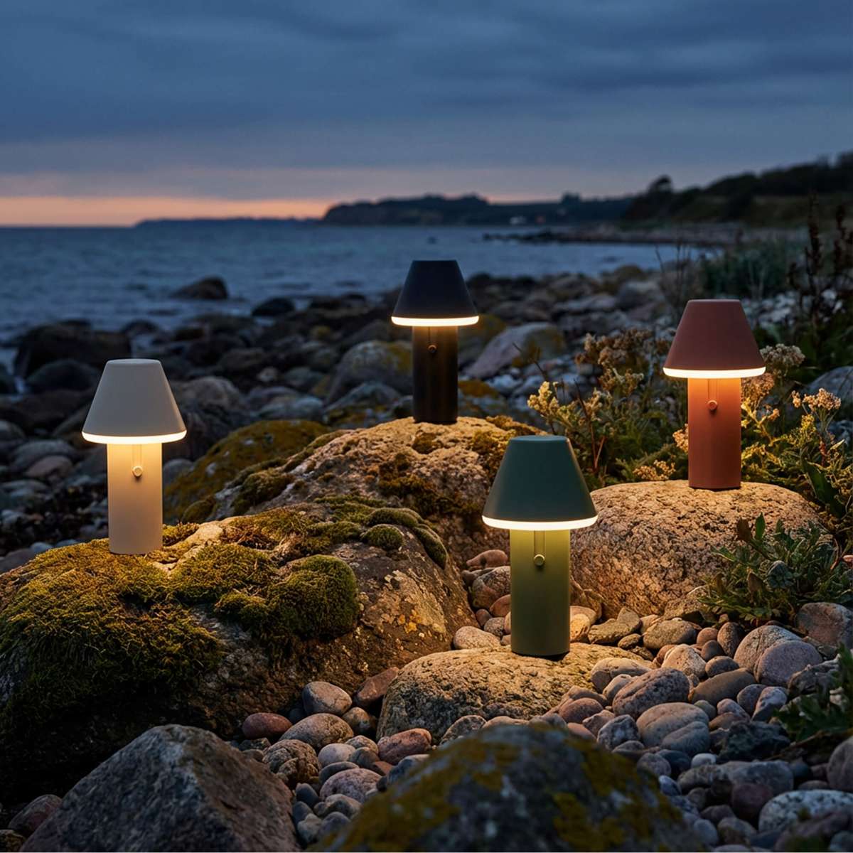 Four cordless sackit Cone table lamps glowing among coastal rocks at dusk with weather resistant Nordic design for outdoor lighting