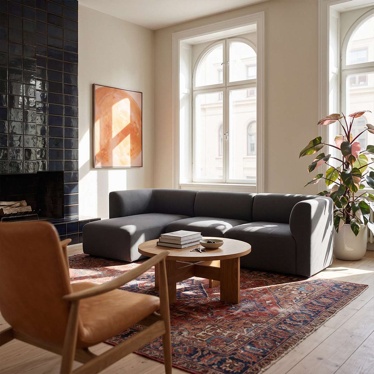 Dark gray Fjord sofa with left chaise in a bright Scandinavian living room with a patterned rug wood coffee table and indoor plant by tall windows from sackit