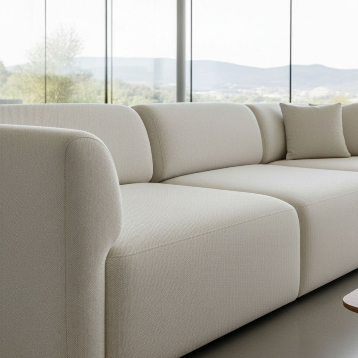 Right corner section of Fjord Sofa in neutral fabric with soft rounded edges and Scandinavian design.