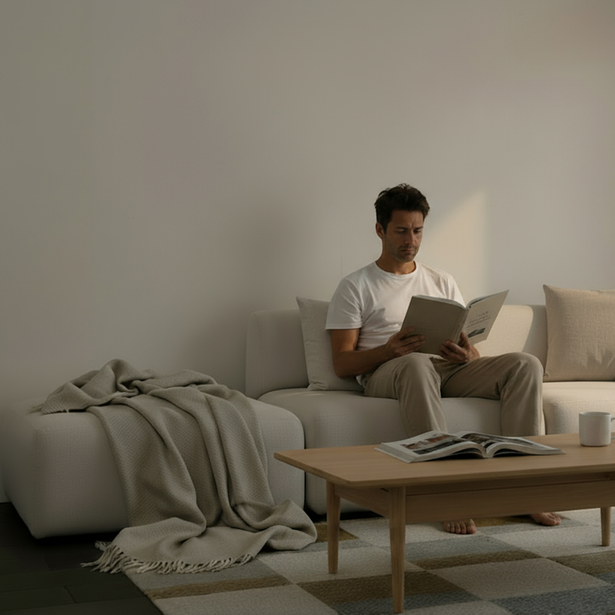Scandinavian corner sofa with an open end styled with a soft throw as a man reads beside a wooden coffee table in a calm living room by sackit