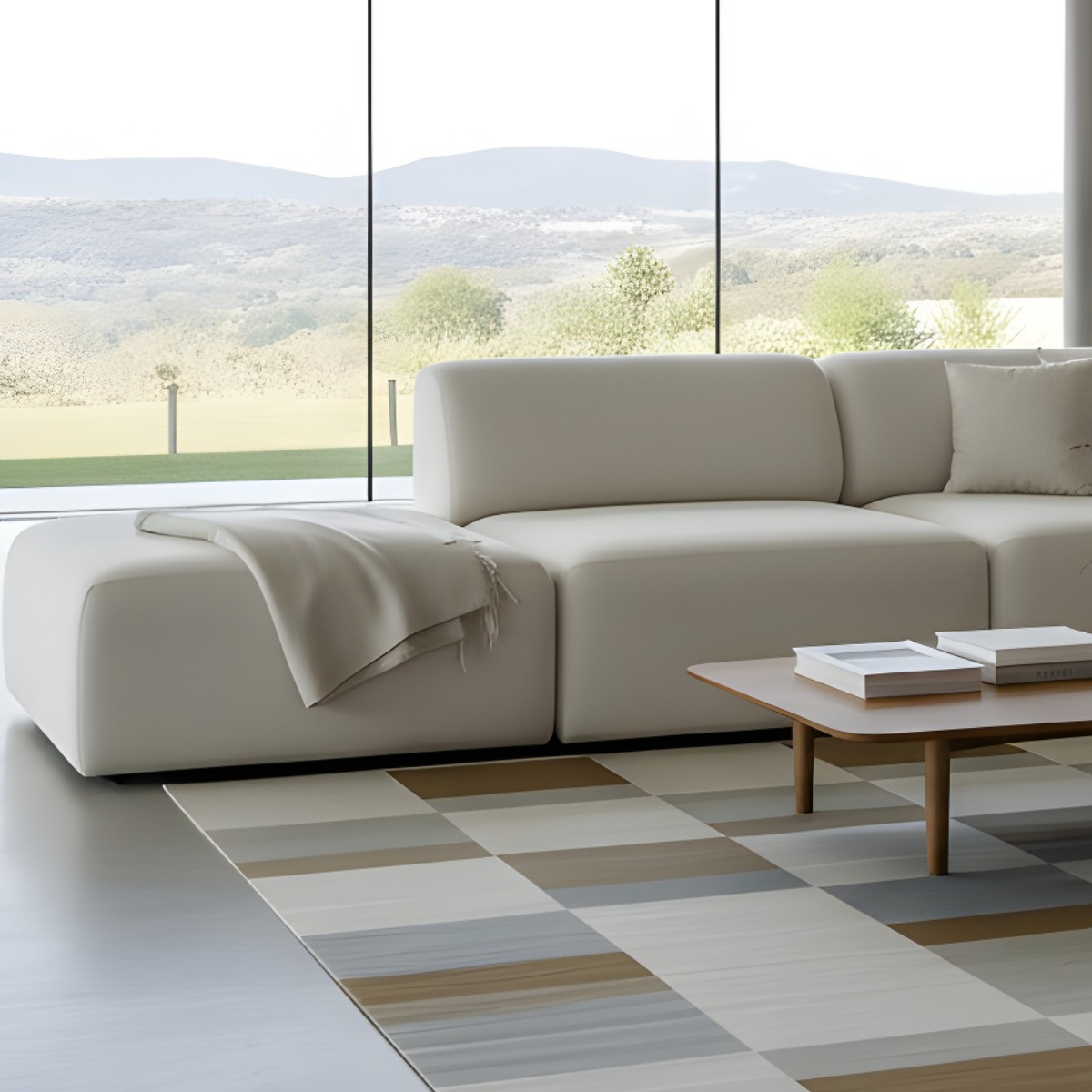 sackit Fjord corner sofa with open end in a calm Scandinavian living room beside a wood coffee table and large windows overlooking a green landscape