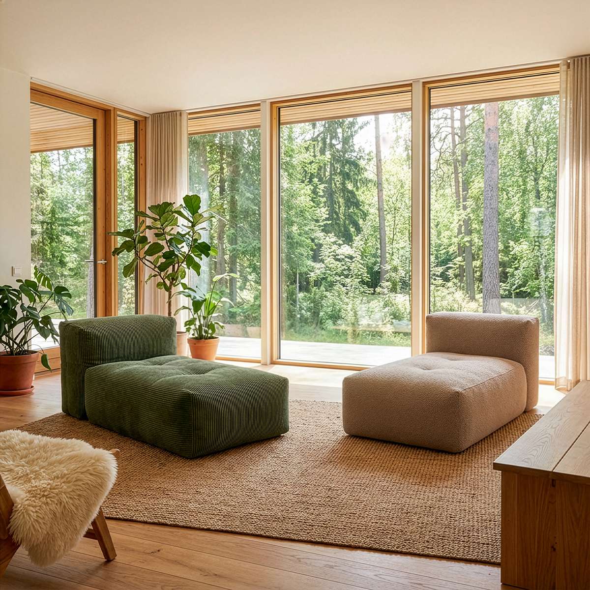 Soft Sofa Indoor lounger in olive green corduroy fabric with a soft, frame-free design.