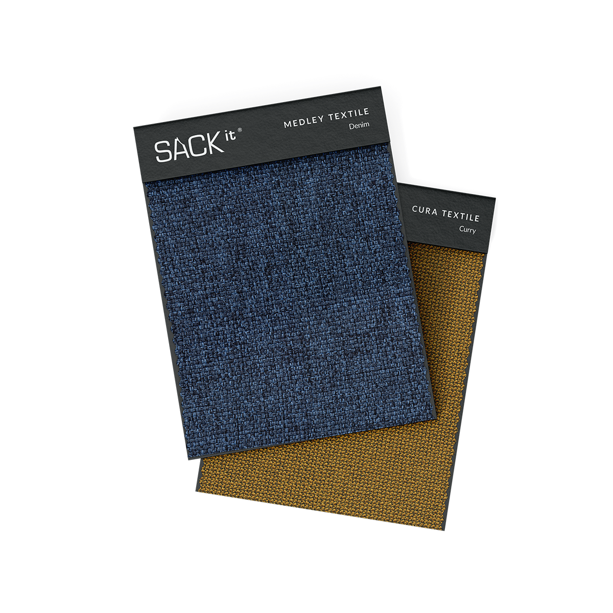 Stack of fabric samples in various neutral and muted colors for interior design.