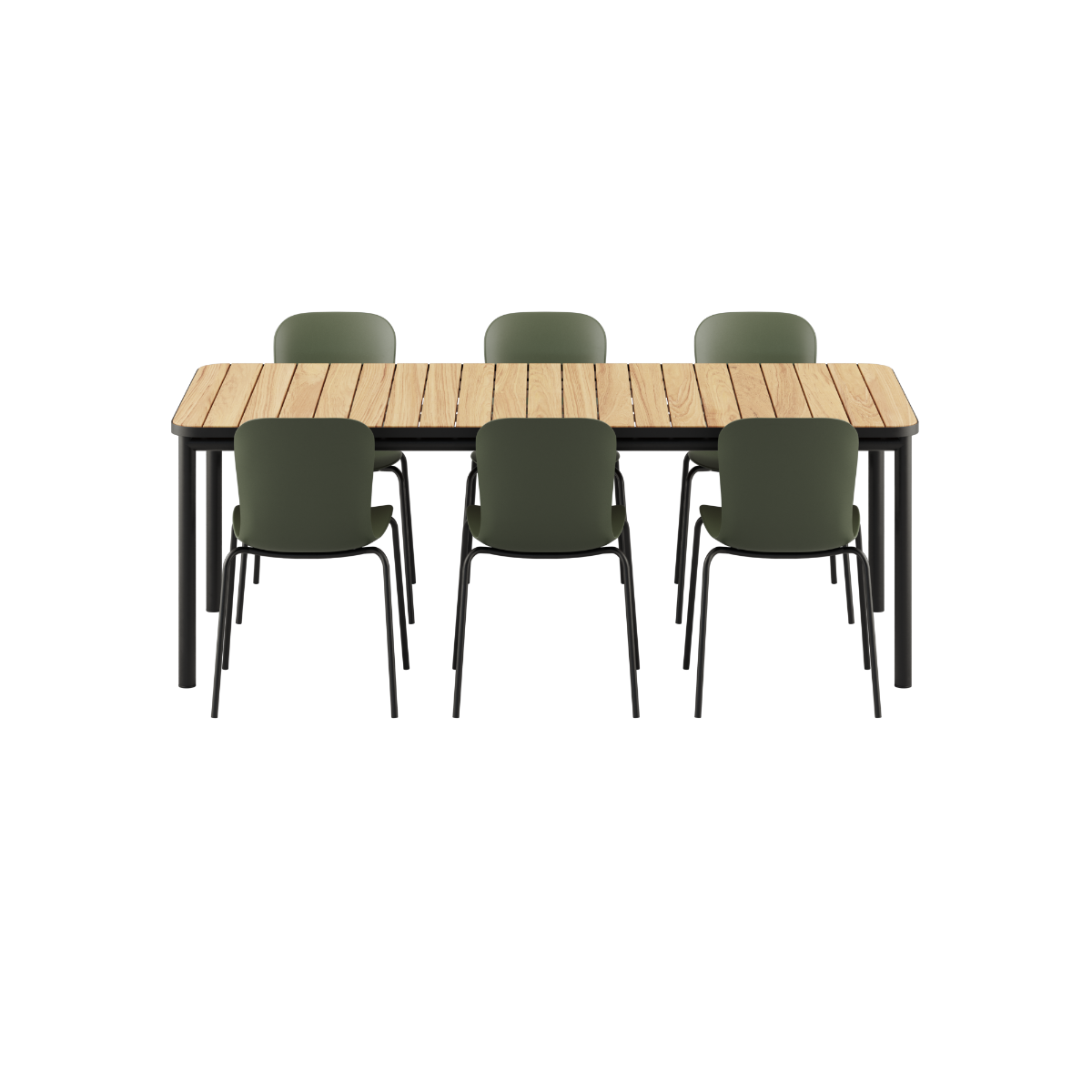 Kirra Dining Table 210x90 with six Olive and Noir Patio Chair no. One S2 chairs outdoors