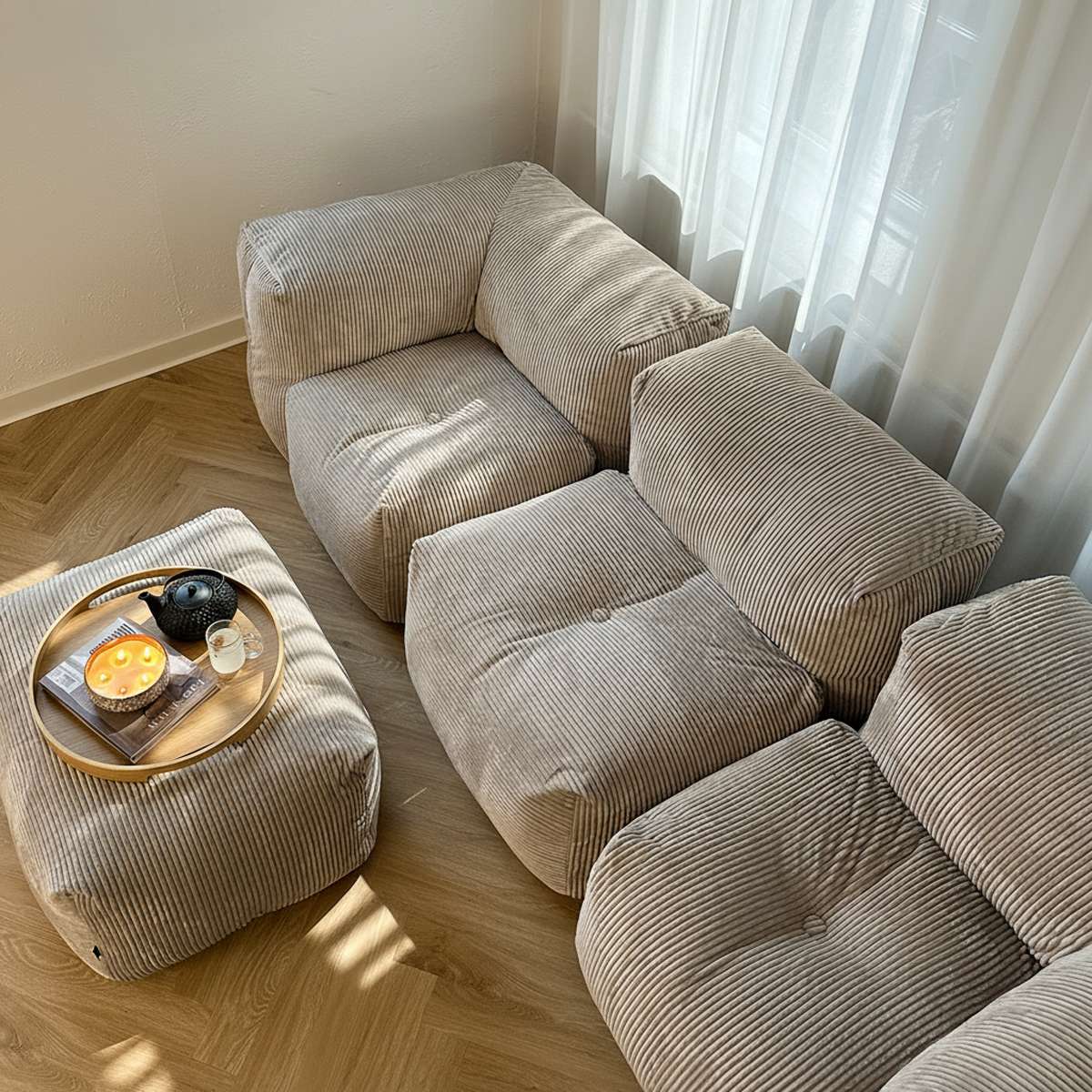 Soft Sofa Indoor 3-seater in olive corduroy fabric with a soft, modular design and no visible frame.