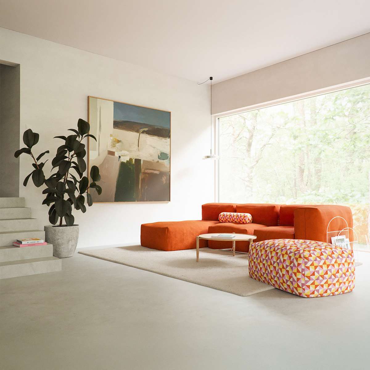 Soft Sofa Indoor 3-seater with lounger in neutral fabric, modern modular design for living room seating