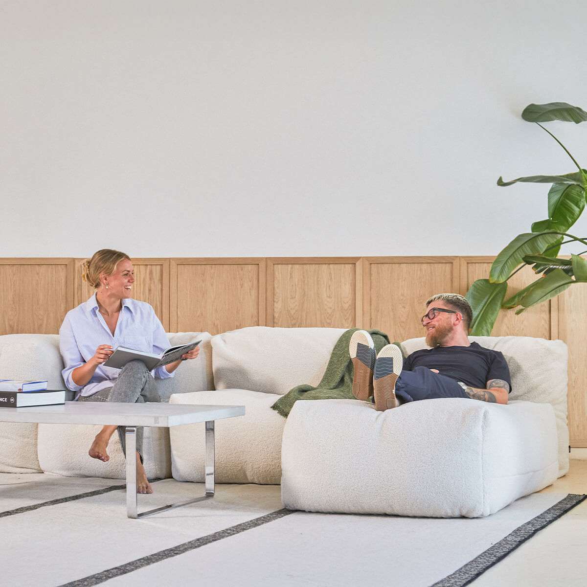 Soft Sofa Indoor seat in beige corduroy fabric with soft, cushioned design and no visible frame