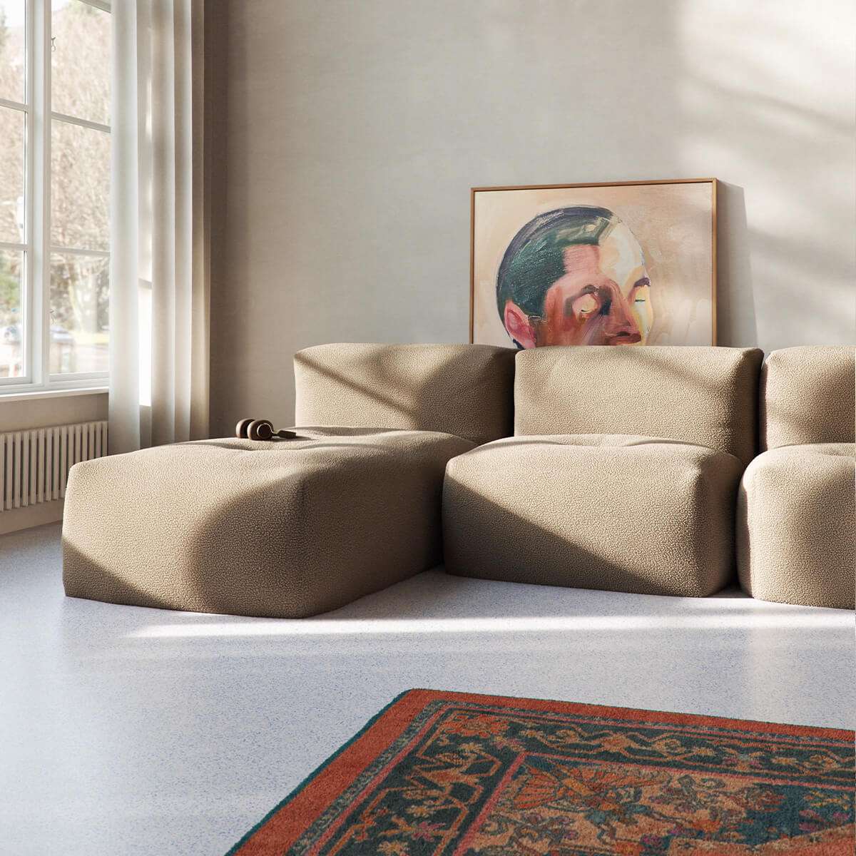 Soft Sofa Indoor 2-seater sofa in Teddy Brown fabric with a soft, cushioned design and low backrest.