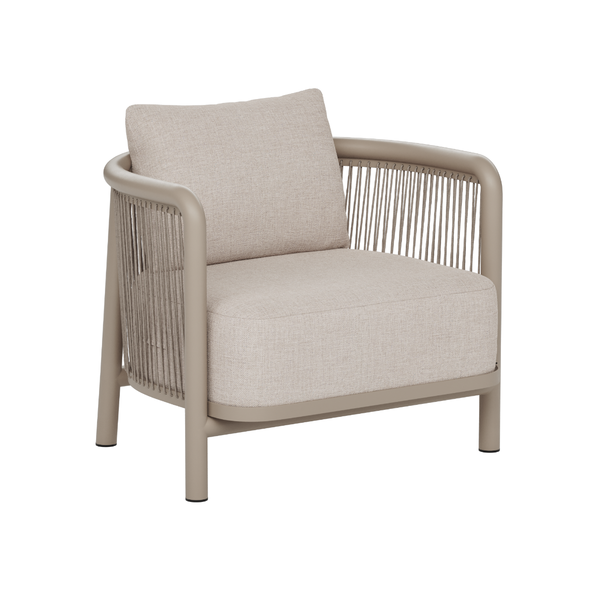 Beige Kirra lounge chair with woven sides and soft cushions from sackit designed for stylish outdoor living in Nordic weather