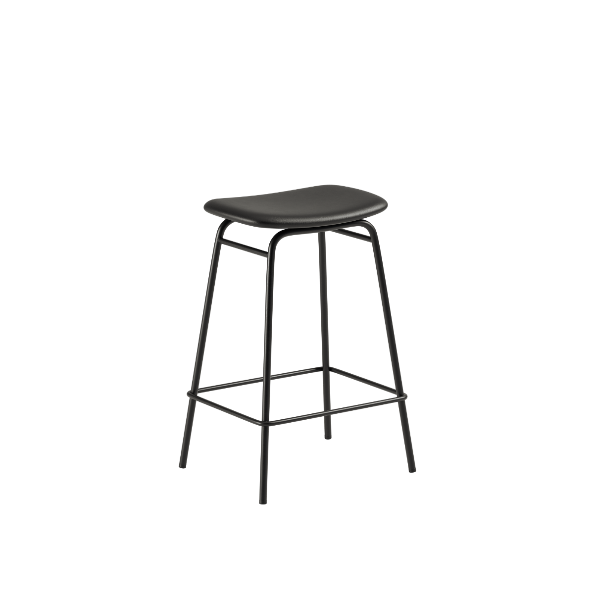 Low bar stool with terra black leather seat and powder-coated steel frame in industrial style