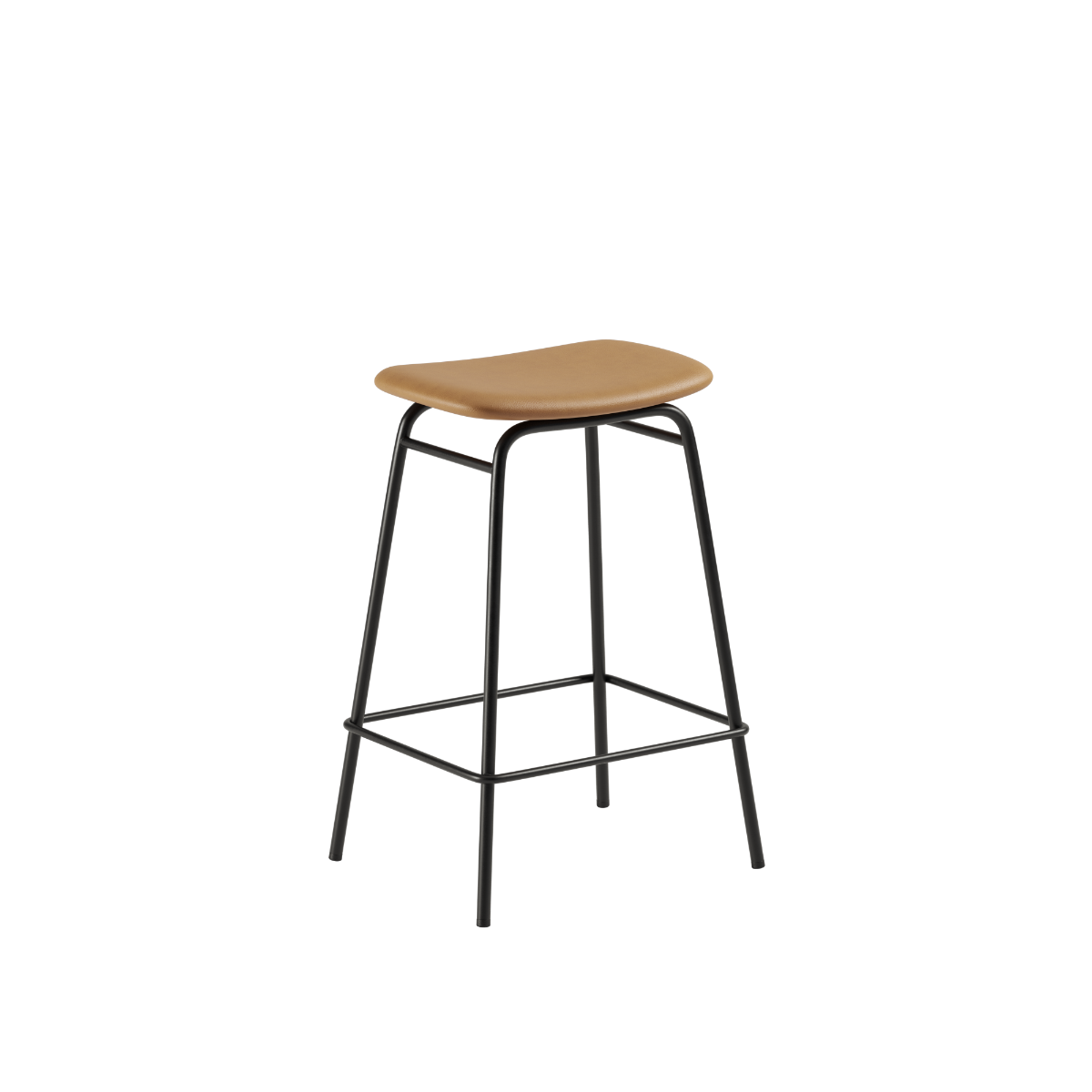 Frame Bar Stool with powder-coated steel frame and leather seat in a minimalist design without backrest.