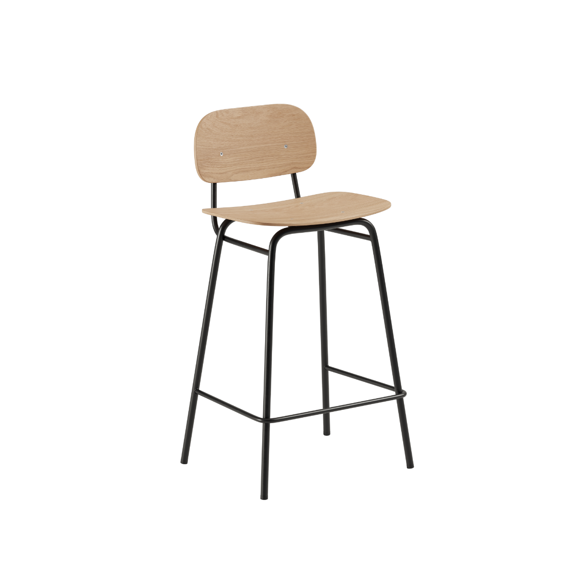 Low bar stool with natural oak seat and black powder-coated steel frame with backrest and footrest.