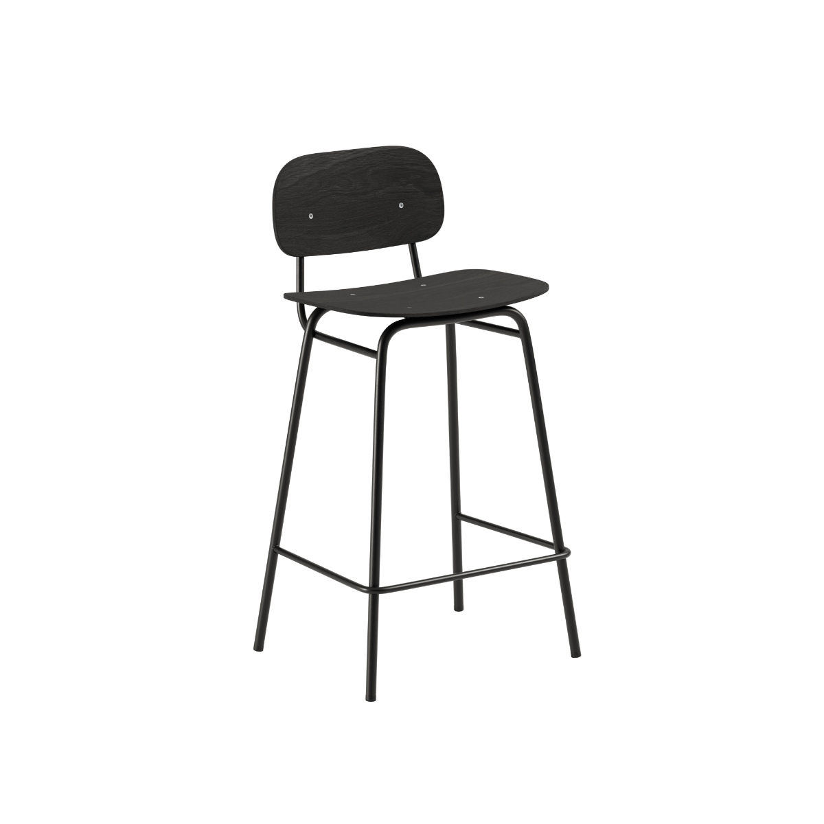 Bar stool with black stained oak seat and powder-coated steel frame with backrest and footrest.