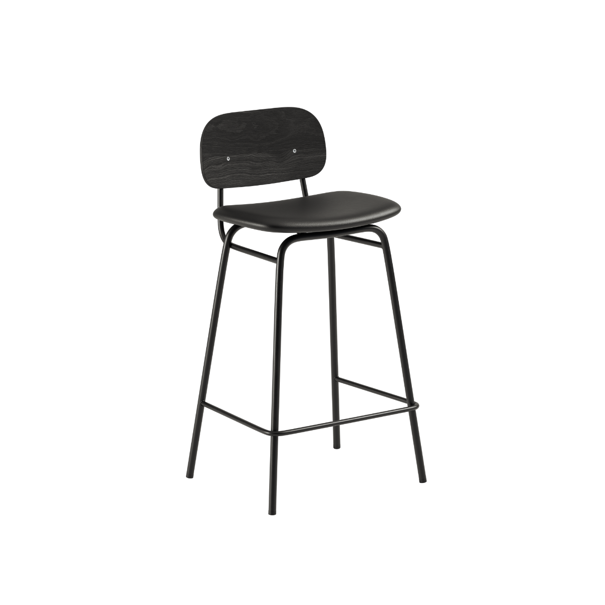 Low Frame Bar Stool with backrest in Terra Black leather and powder-coated steel frame