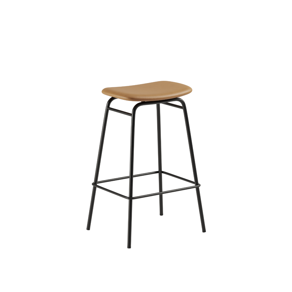 Frame Bar Stool with powder-coated steel frame and leather seat in an industrial indoor setting.
