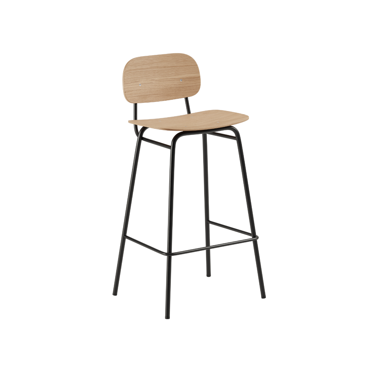 High bar stool with black stained oak seat and powder-coated steel frame with backrest and footrest.