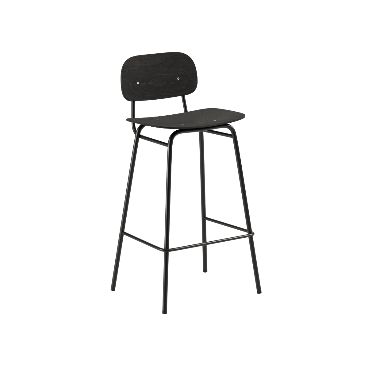 High bar stool with black stained oak seat and powder-coated steel frame with backrest and footrest.