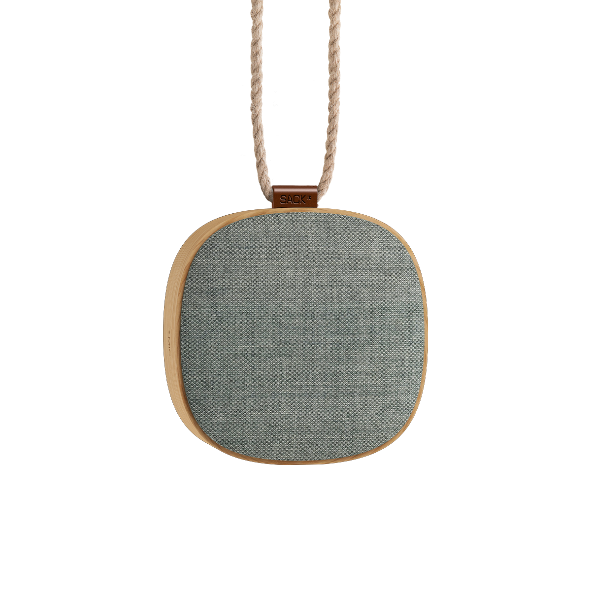 Small portable Go Wood speaker with natural oak wood frame and Fiord textile from KVADRAT in a clean studio setting.