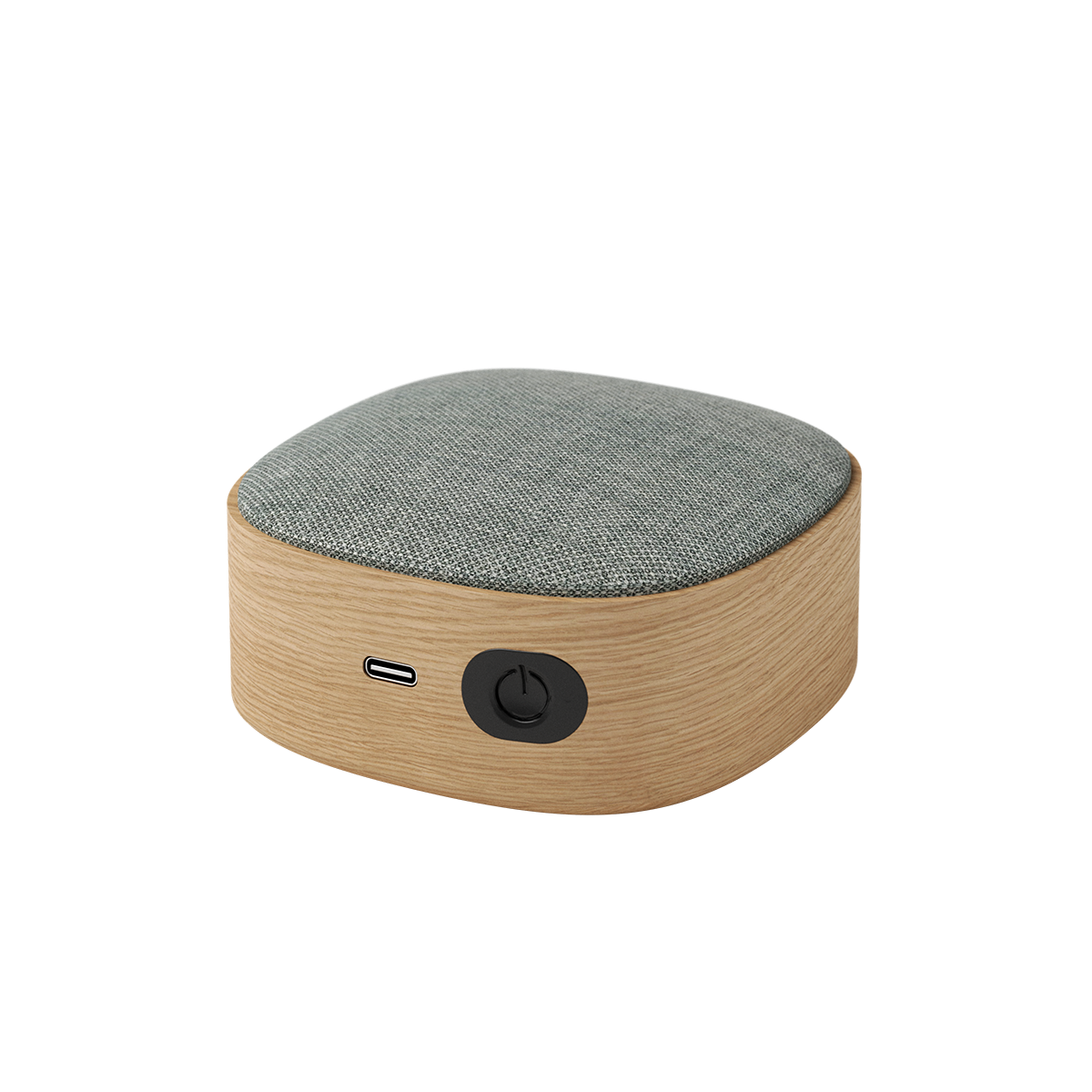 Portable Go Wood speaker with smoked oak wooden frame and Fiord textile from KVADRAT on front panel