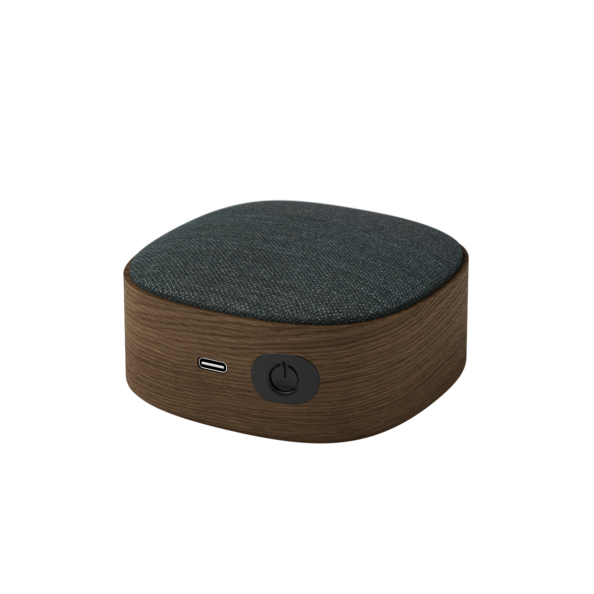 Portable Go Wood speaker in smoked oak with Fiord textile, compact and wireless.