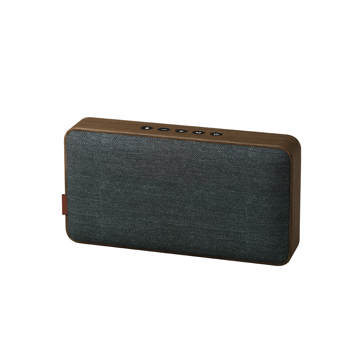 Bluetooth speaker in smoked oak with Fiord textile and brass details, Danish design.