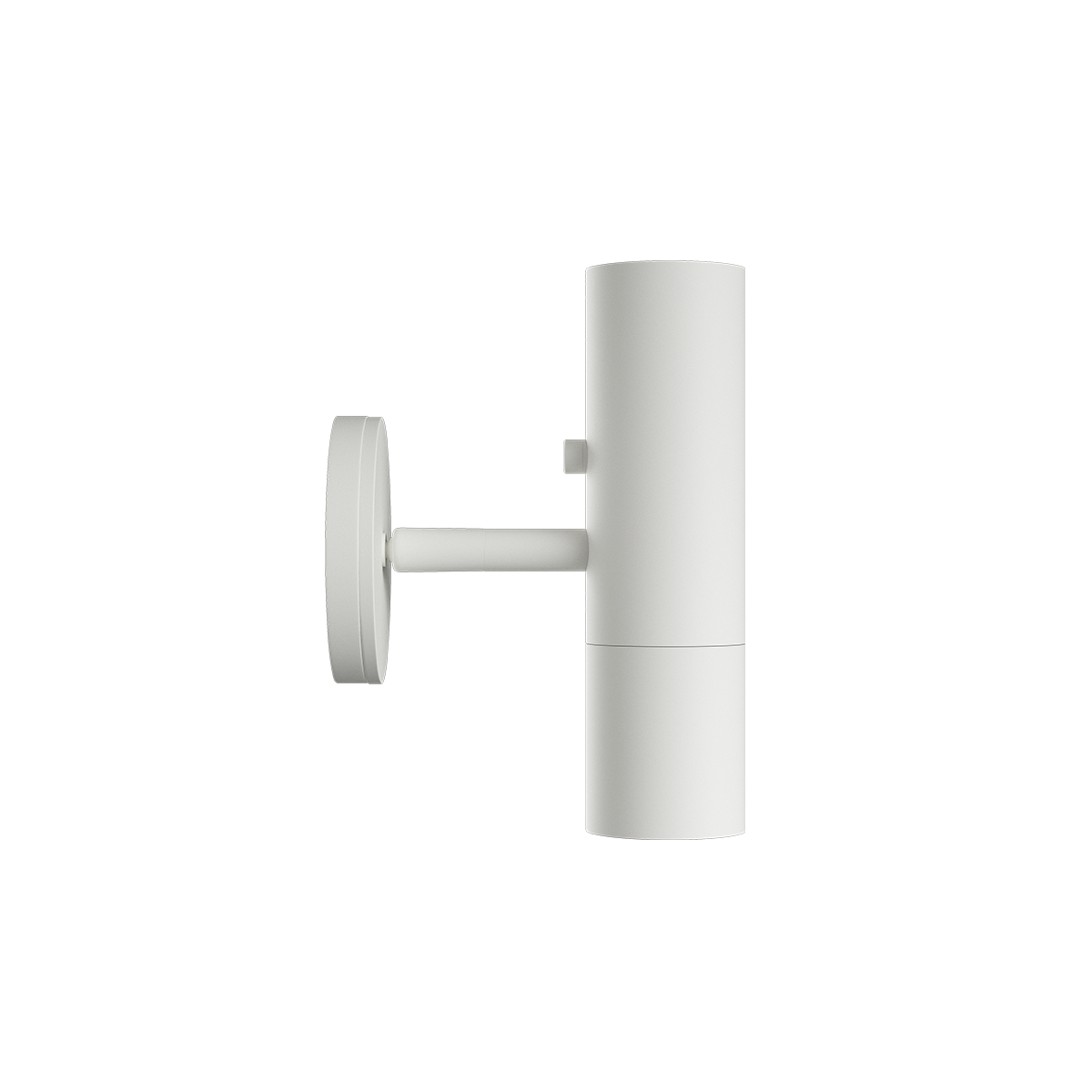 White aluminum Expo Wall light with slim cylindrical design and round base mounted on white background
