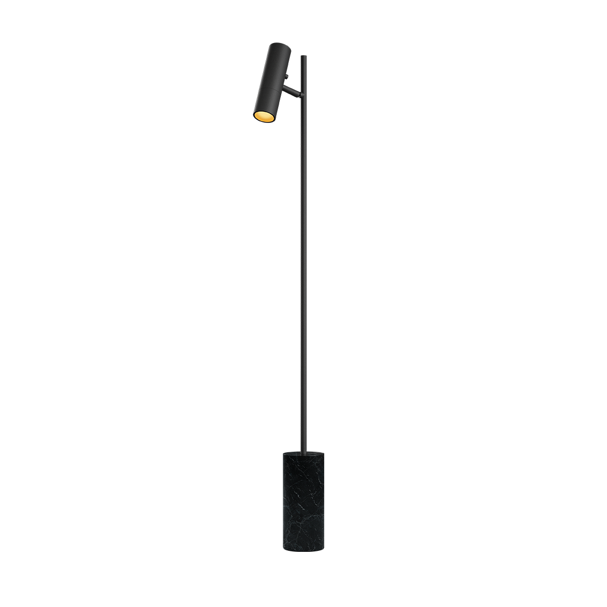Black Expo Floor lamp with matte aluminum body and polished marble base on white background