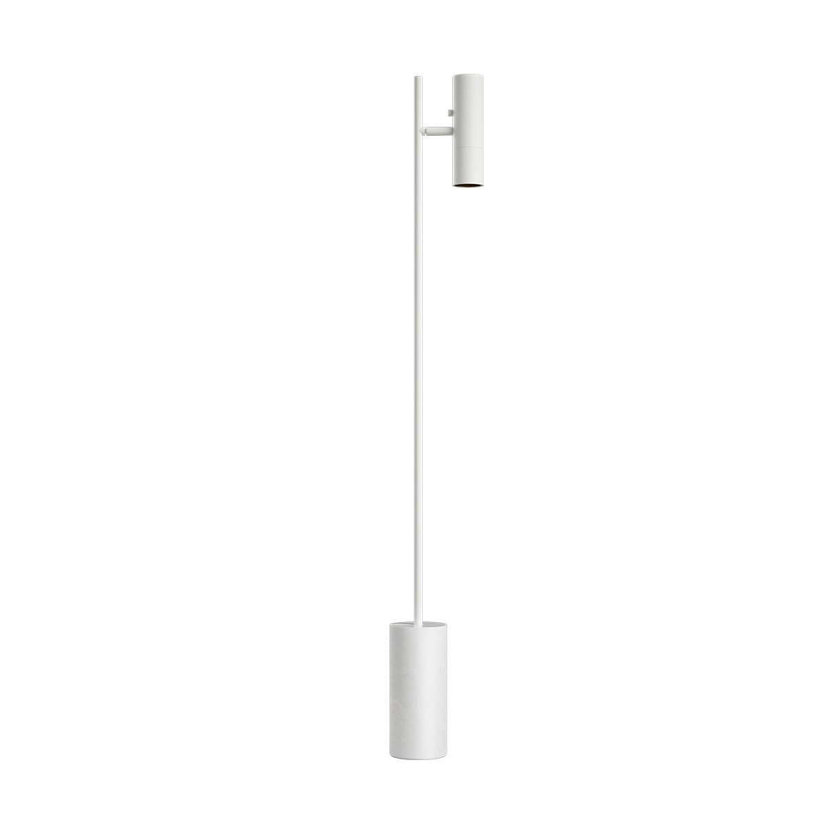 White Expo Floor lamp with matte aluminum body and polished marble base on a white background