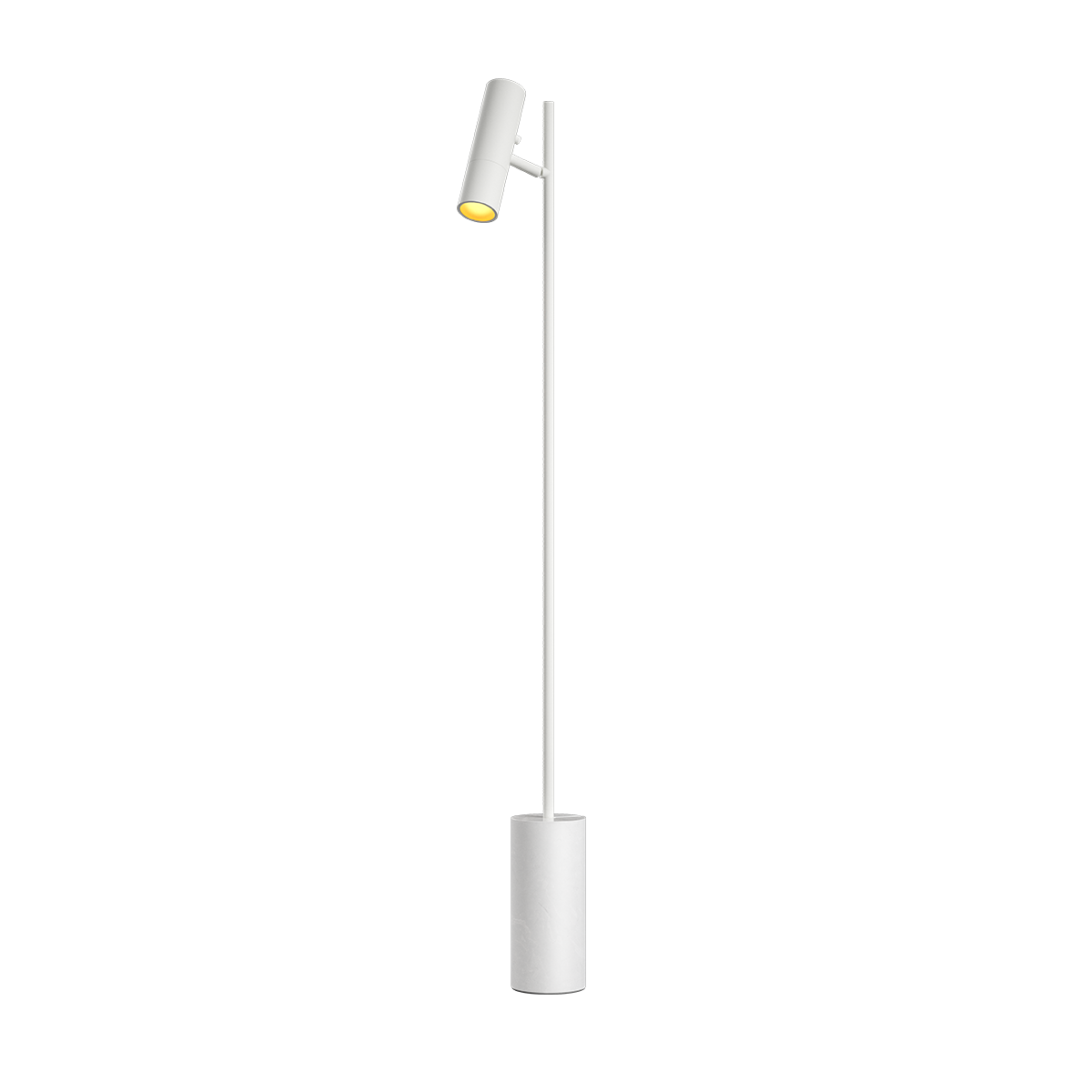 White Expo Floor lamp with aluminum body and polished marble base on a white background.