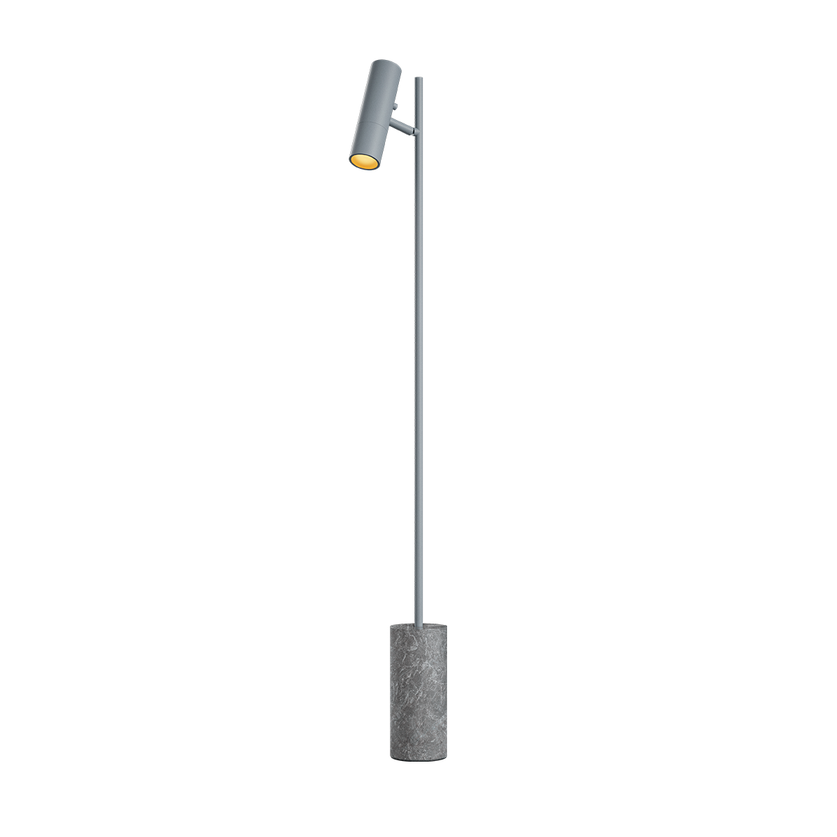 Grey Expo Floor lamp with aluminum body and marble base, standing on a white background.