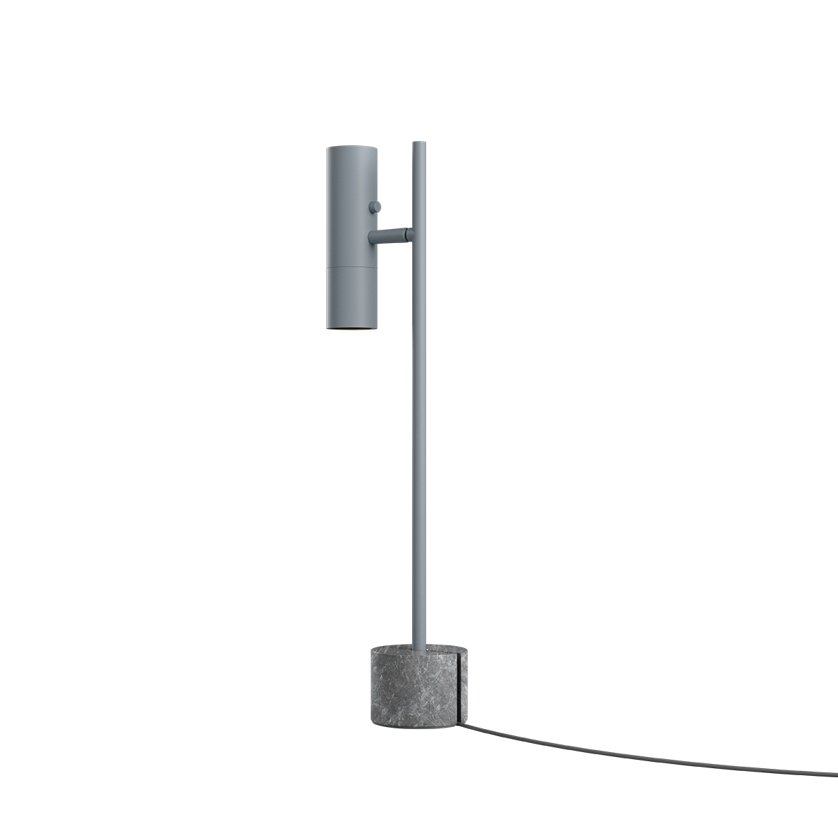 Grey aluminum Expo Table lamp with polished marble base and warm lighting on a white background