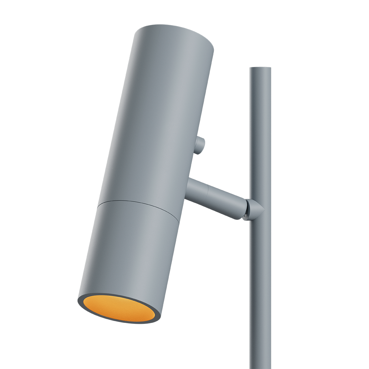 Grey aluminum table lamp with marble base and warm light, modern indoor lighting design.